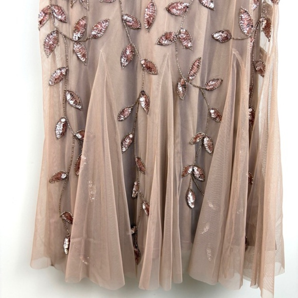 Adrianna Papell Beaded Sequin Mesh Midi Dress Rose Gold Flutter‎ Sleeve Size 2 - Picture 8 of 16
